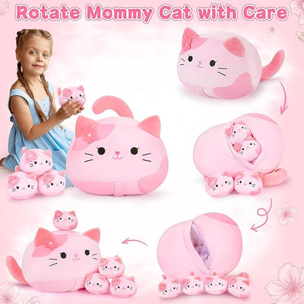 5 PCS Pink Sakura Cat Plush Stuffed Animal Family-19" Soft Pink Sakura Cat Plush, Large Mommy Plushies with 4 Baby Kittens Plushies, Kawaii Plush Toy Christmas Birthday Gifts for Kids Boys Girls