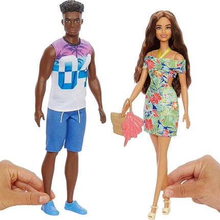 Barbie & Ken Fashions 2-Pack Clothing & Accessories Set, 1 Tropical Dress & Tote for Barbie Doll & 1 Tropical Shirt & Shorts Outfit with Shoes for Ken Doll