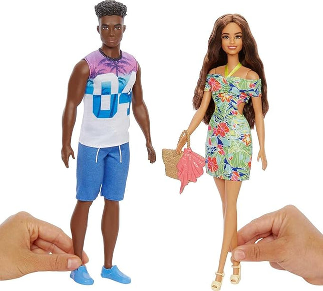 Barbie & Ken Fashions 2-Pack Clothing & Accessories Set, 1 Tropical Dress & Tote for Barbie Doll & 1 Tropical Shirt & Shorts Outfit with Shoes for Ken Doll