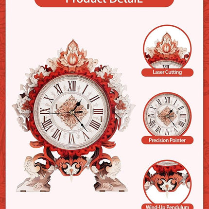 3D Wooden Puzzles for Adults, 3D Puzzles Flame Flower Clock Kit (with Pendulum), Wooden Puzzle for Adults Teens Home Wall Decor Clock Christmas Day Puzzle Gifts for Adults