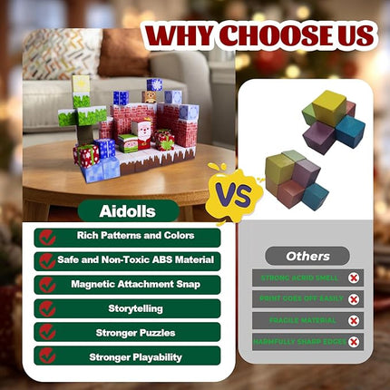 Magnetic Blocks - 150 PCS Magnets Block Sensory Educational Interactive Building Toy Set for Toddlers Kindergarten Creative STEM Learning Gift, Magnet 0.8in Tiles Construction Suit, Snow and Christmas