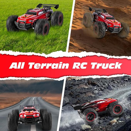 RC Cars - 1:18 Scale Remote Control Car, 2.4Ghz All Terrain Off-Road Monster Truck, 20Km/h High Speed Hobby Electric Toy Buggy with 2 Rechargeable Batteries for Boys Girls Kids Adults