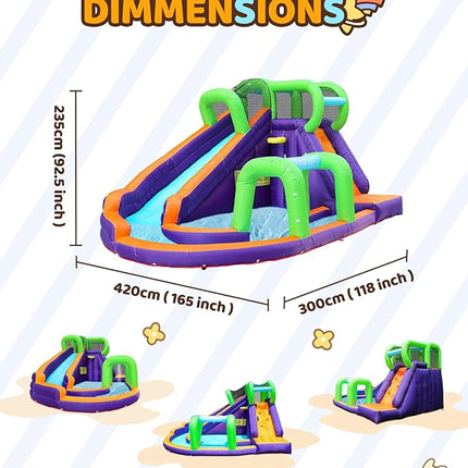 AirMyFun Water Bounce House Inflatable Bounce House for Kids with Blower. Family Backyard Bouncy Castle with Fun Doorway Tunnel, Climbing Wall, Long Safe Return Curved Slide and Ball Shooting