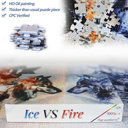 Bgraamiens - Ice VS Fire -1000 Pieces Fantasy Double Exposure Wolf Art, Nature Animals Puzzle Impossible Hard Puzzles for Adults