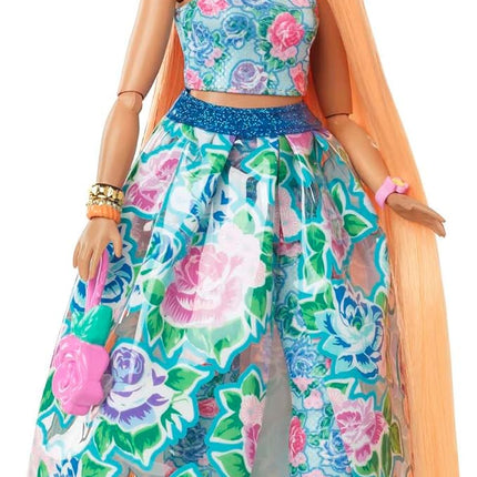 Barbie Extra Fancy Fashion Doll & Accessories with Curvy Shape & Orange Hair in Floral 2-Piece Gown with Pet Kitten