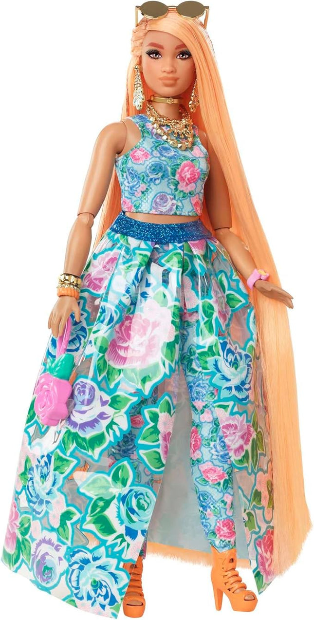 Barbie Extra Fancy Fashion Doll & Accessories with Curvy Shape & Orange Hair in Floral 2-Piece Gown with Pet Kitten