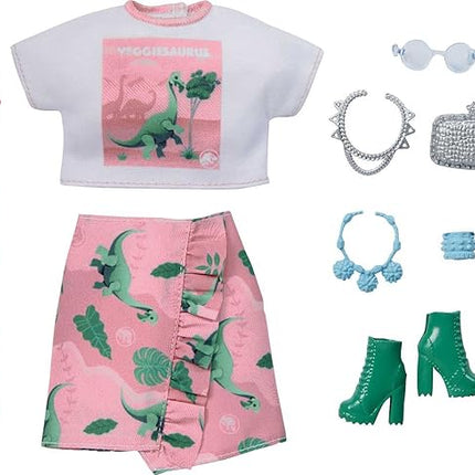 Barbie Fashion Pack of Doll Clothes Inspired by Jurassic World, Collectible Set Includes Crop Top & Skirt with Dinosaur Theme & 8 Accessories