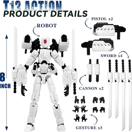 (Assembly Completed) 8 inch T13 Action Figure Set,T 13 Action Figure Multi-Articular Mobile Robot Nova T-13,Desktop Decorations for Game Lovers Toys (White)