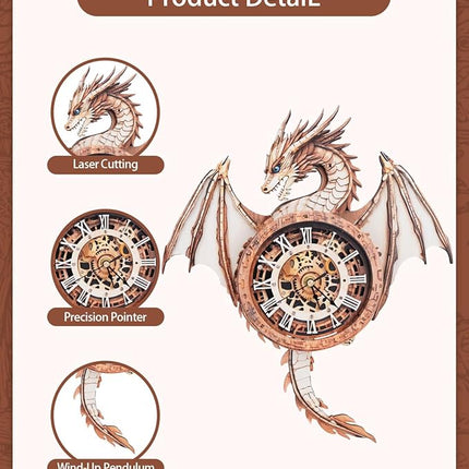 Rnfinewow 3D Wooden Puzzles for Adults, 3D Puzzle Dragon Clock Kit (with Pendulum), 3D Puzzles for Adults Home Decor Clock Crafts for Adult Christmas Day Puzzle Gifts for Men Women
