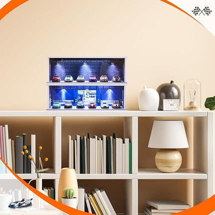 2 Pcs Display Case for Toy Car Garage with LED Light Stackable 1/64 Scale Diecast Toy Cars Garage for Maximum 58 Model Car Display and Storage(Depot)