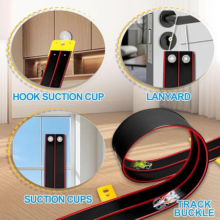 Flexible Race Track Toys for Kids 15 Ft with 4 Cars & Suction Cups, Portable Double Lane Racetrack Compatible with Hot Wheels & 1/64 Diecast Cars, Fun Car Ramp Track Set for Ages 3+(Black & Red)