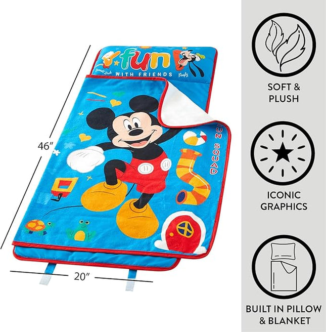 Super Soft Plush Toddler Quilted Nap Mat with Built in Blanket and Pillow