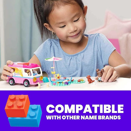 MEGA Construx Barbie Kids Building Toy Set, Adventure DreamCamper with 123 Pieces, 2 Micro-Dolls, Furniture and Accessories, Pink, Ages 5+ Years