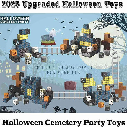 Halloween Themed Magnetic Blocks for Kids Skeleton Toys Spooky Town Building Kit Halloween Party Favors Gift for Children & Adults(1 inch)