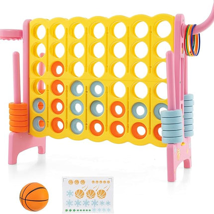 Costzon Giant 4-in-A-Row, Jumbo 4-to-Score Giant Game w/Basketball Hoop, Ring Toss, Quick-Release Slider, 42 Jumbo Rings, Indoor Outdoor Family Connect Game for Kids & Adults, Backyard Games