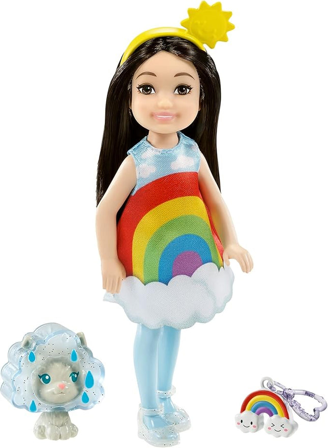 Barbie Chelsea Doll, 6-Inch Brunette Doll with Sun Headband, Rainbow Outfit, Pet Kitten, Charm Keychain & Accessories