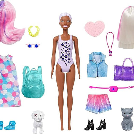 Barbie Color Reveal Doll Set with 25 Surprises Including 2 Pets & Day-to-Night Transformation: 15 Mystery Bags Contain Doll Clothes & Accessories for 2 Looks; Water Reveals Look of Metallic Doll