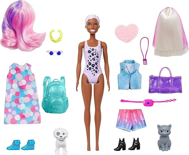 Barbie Color Reveal Doll Set with 25 Surprises Including 2 Pets & Day-to-Night Transformation: 15 Mystery Bags Contain Doll Clothes & Accessories for 2 Looks; Water Reveals Look of Metallic Doll