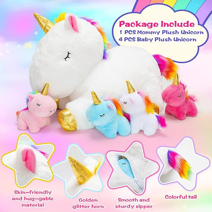 KMUYSL Toys for Girls Ages 3 4 5 6 7 8+ Years - Unicorn Mommy Stuffed Animal with 4 Baby Unicorns in Her Tummy, Soft Unicorn Plush Toys Set, Christmas Birthday Gifts for Baby, Toddler, Kids