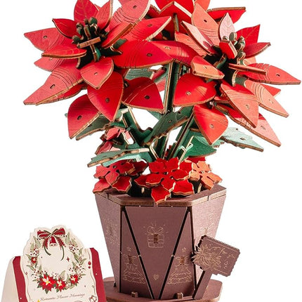3D Flower Wooden Puzzles for Adults-Poinsettia, DIY Wooden Flowers Model Kit Building Set Crafts for Adults to Build, Botanical Collection/Ideal Creative Gift Ideas/Housewarming (153PCS)
