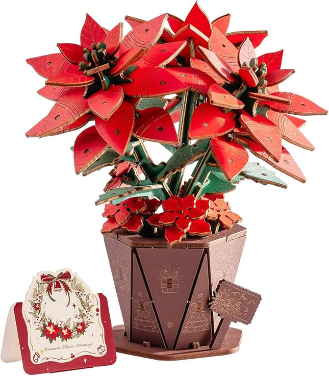 3D Flower Wooden Puzzles for Adults-Poinsettia, DIY Wooden Flowers Model Kit Building Set Crafts for Adults to Build, Botanical Collection/Ideal Creative Gift Ideas/Housewarming (153PCS)