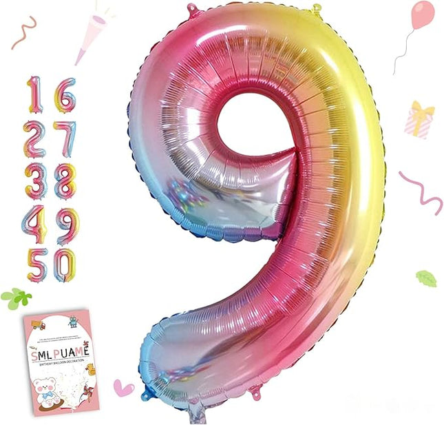 Smlpuame 40 Inch Number Balloons 0-9 Rainbow Gradient Large Number 9 Balloons, Digital Balloons for Birthday Party Celebration Decorations, Helium Foil Number Balloons for Wedding Anniversary