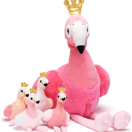 IKASA Mommy Flamingo Stuffed Animal Mom and Baby Plush Toy, Cute 24" Soft Small Mama Family Set Cuddly Toys with Little Mini Babies,Gifts for Kids