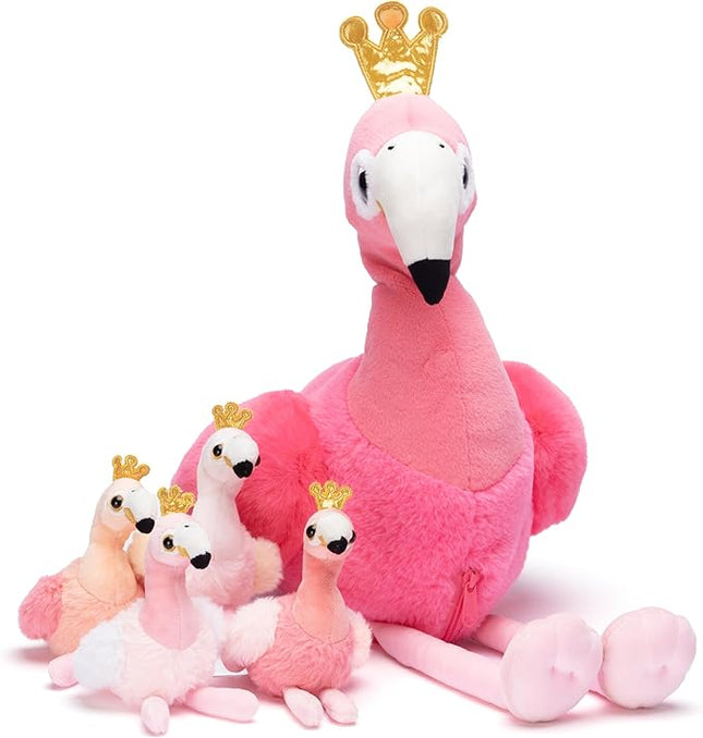IKASA Mommy Flamingo Stuffed Animal Mom and Baby Plush Toy, Cute 24" Soft Small Mama Family Set Cuddly Toys with Little Mini Babies,Gifts for Kids