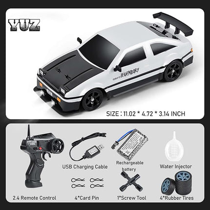 YUZ Remote Control Car RC Drift Car 1/16 Scale 4WD 18KM/H High Speed RC Car 2.4GHz with LED Lights Spray Racing Toy Car for Adults Boys Girls Kids Birthday 2Pcs Rechargeable Batteries, White