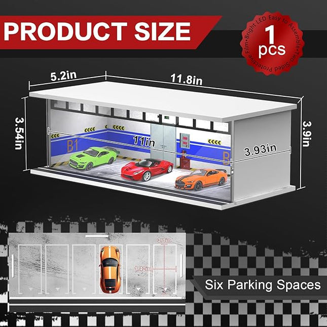 1/64 Scale Diecast Display Case for Hot Wheels Matchbox Cars, Toy Car Model Mini Garage with LED Light and Acrylic Cover, Stackable Parking Lot Diorama Storage for Collection Present