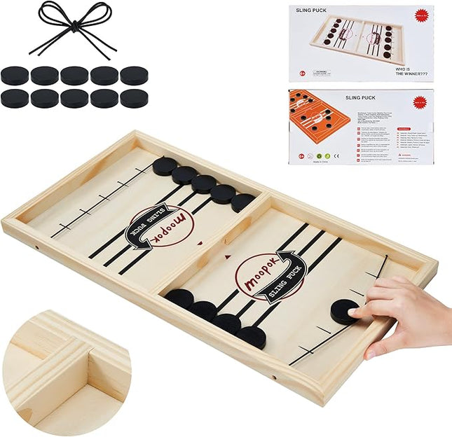 moopok Fast Sling Puck Game - Fast Action Super Foosball Table Desktop Battle Slingshot Wooden Air Hockey Board Game -Guaranteed Fun for Family Game Night or Friends Party