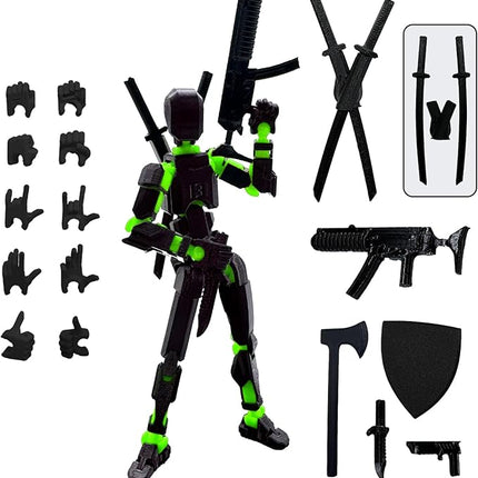(Assembly Completed) 3D Printed Figure 5.54-inch Dummy13 with Weapon Expansion Set and Bracket, Full Body Mechanical Movable Toy, Desk Decoration. (Black+Green)