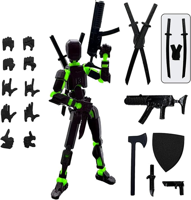 (Assembly Completed) 3D Printed Figure 5.54-inch Dummy13 with Weapon Expansion Set and Bracket, Full Body Mechanical Movable Toy, Desk Decoration. (Black+Green)