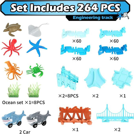 264 PCS Shark Race Tracks for Kids Toys, Glow in The Dark Magic Toy Set, 2 Shark Cars Track, Flexible DIY Track Set, Birthday Gift for Age 3-9 Boys Toddler Girls