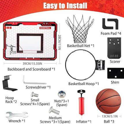 Indoor Basketball Hoop for Kids with Red Led Lights Mini Basketball Hoop with Scoreboard Over The Door Basketball Hoops Birthday Gifts for Kid Basketball Toys for 4-12 Year Old Boys Girls