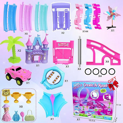 178 PCS Track Toy, Pink Racing Tracks Toys for 3 4 5 6 Year Old Girls, Flexible Tracks Car Magic Bendable Race Track Princess Toys with Light & Music for Toddlers, Kids and Girl Xmas Birthdays Gifts