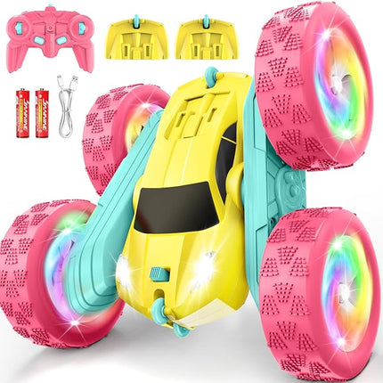 Remote Control Car, RC Cars for Girls, Double-Sided 4WD Stunt Car with RGB Lights & 360° Flips, USB-C Modular Batteries, Toys for Ages 5–7, Birthday Gift for 6+ Year Old Girl, Yellow-Pink