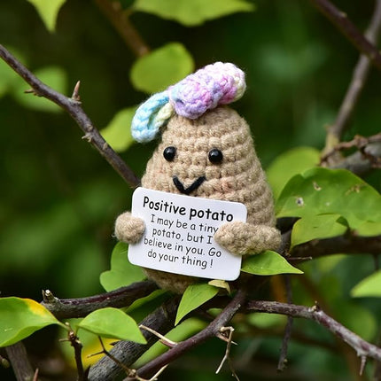 1 Pcs Positive Mini Funny Potato Holding Card Crochet Easter Birthday Christmas Mom Dad Sister Friend Wife Husband Colleauge College Students Coworkes Cheer Up Gift Decor