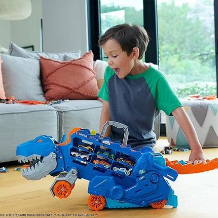 Hot Wheels City Toy Car Track Set, Ultimate T-Rex Transporter, Hauler Transforms into Stomping Dino with Race Track, from Netflix Series “Let’s Race”
