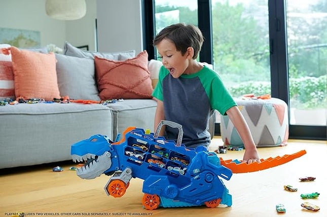 Hot Wheels City Toy Car Track Set, Ultimate T-Rex Transporter, Hauler Transforms into Stomping Dino with Race Track, from Netflix Series “Let’s Race”
