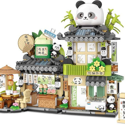 Street View Tea Shop Mini Building Blocks Set, Cute Panda Animals Building Toys Girls 6-12, Simulation Architecture Construction Toy, Birthday Gift for Kids Adults (860PCS)