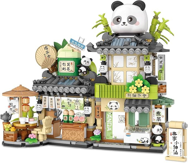 Street View Tea Shop Mini Building Blocks Set, Cute Panda Animals Building Toys Girls 6-12, Simulation Architecture Construction Toy, Birthday Gift for Kids Adults (860PCS)