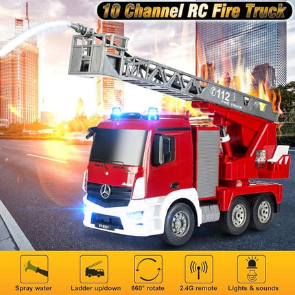 Benz Licensed Remote Control Fire Truck, RC Fire Truck Toy, Rechargeable Construction Truck Toys with Alarm Lights, Hose, Working Water Pump and Rotating Rescue Ladder Fire Truck Toys Gift for Kids