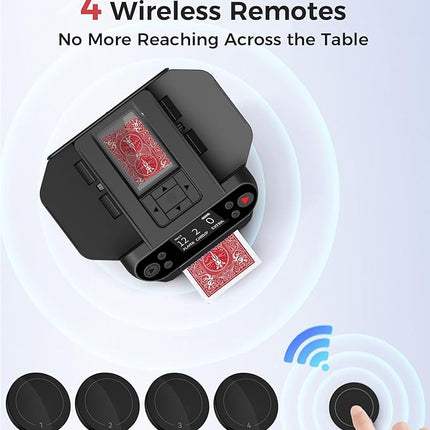 2-in-1 Automatic Card Shuffler and Dealer, 360/180 Card-Flow Modes, Supports 2 Decks, 12 Players, with 4 Wireless Draw Remotes, for UNO, Poker, Phase 10 (Black)