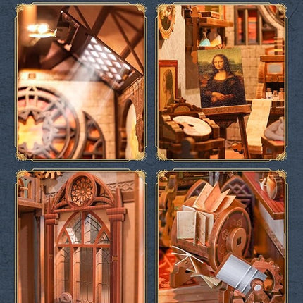 Tonecheer DIY Book Nook Kit for Adults, 3D Puzzle Wooden Miniature House Kit, Booknook Dollhouse Bookshelf Insert Decor Bookend with Dust Cover and LED Lights Gifts (Leonardo da Vinci)
