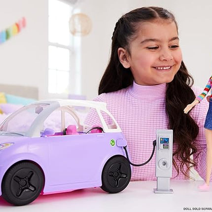 Barbie Doll Accessories, Toy Car Electric Vehicle with Charging Station, Plug & Sunroof, Purple 2-Seater Transforms into Convertible