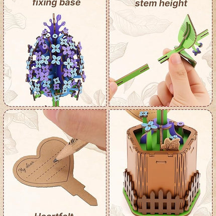 Welsky 3D Lilac Wooden Puzzles for Adults, DIY Wooden Flower Craft Kit, Artificial Flowers Model Kit to Assemble for Adults.(3.25 * 2.9 * 9.48 in 168PCS)