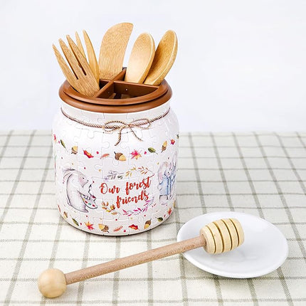 Pintoo 3D Puzzle Jar 96 Plastic Pieces for Adults - Rabbit and Squirrel - Use Includes Divider as Pen and Utensils Holder with Wooden Lid for Kitchen Dining Study Living Room Large [BB1002]