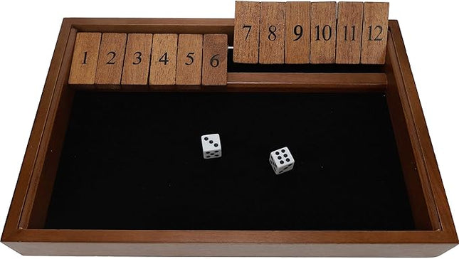 WE Games Wooden Shut The Box - Close The Box Set with 12 Number Tiles & 2 Dice Games - 13.5” Walnut Stained Finish