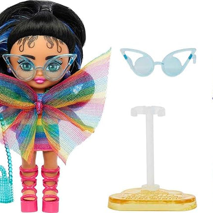Barbie Extra Mini Minis with Blue-Streaked Black Ponytail Wearing Rainbow Dress & Accessories & Stand, 3.25-inch